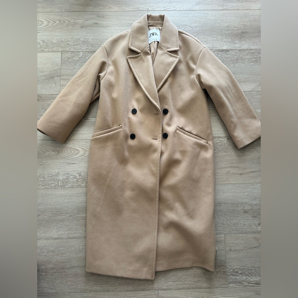 Zara Camel Brown Long Button Double Breasted Oversized Coat Size Small - Picture 2 of 7